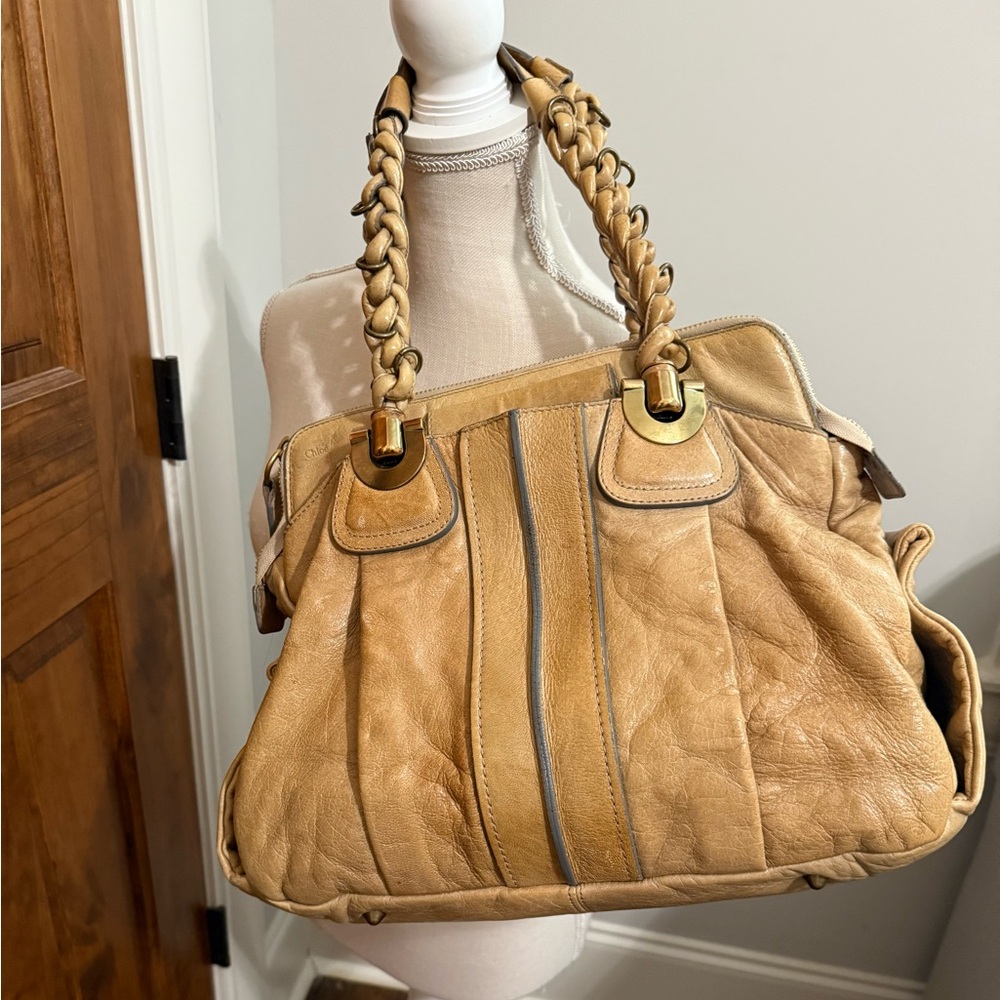 Chloe Tan Leather Shoulder Bag with Braided Handles